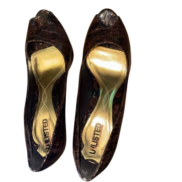 Unlisted Brown Croc-Embossed Peep-Toe Heels - Picture 3 of 6